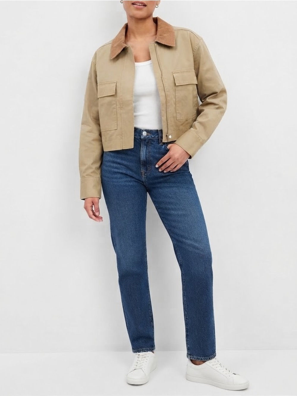 a new day Cropped Olive Jacket with Brown Corduroy Collar
